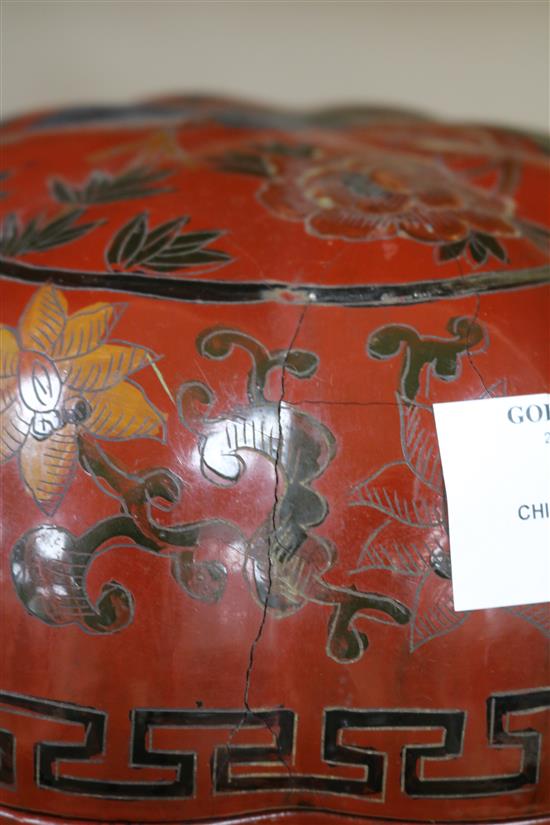 A Chinese lacquer pumpkin shaped box and cover